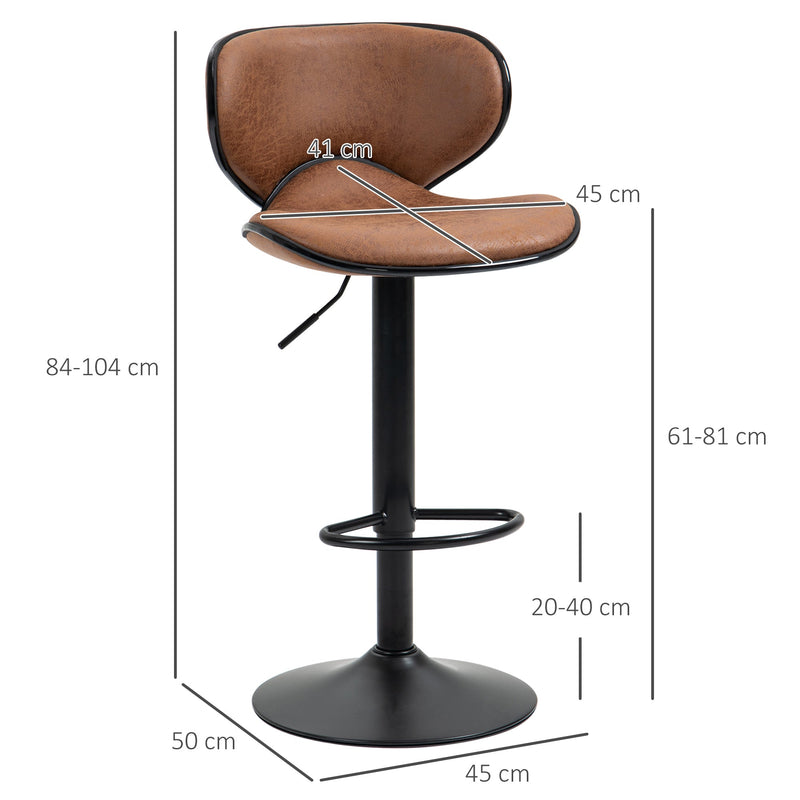 Bar Stool Set of 2 Microfiber Cloth Adjustable Height Armless Chairs with Swivel Seat, Brown-2