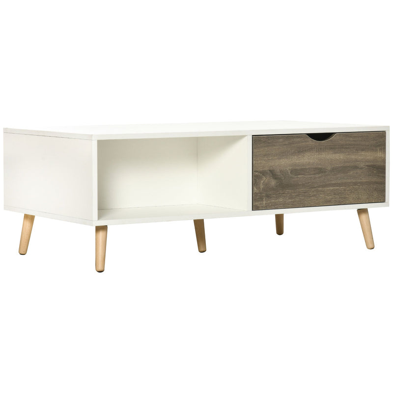 Coffee Table, Modern Tea Table with Open Storage Shelves, Two Drawers and Solid Wood Legs, Coffee Tables for Living Room, Bed Room, White-0