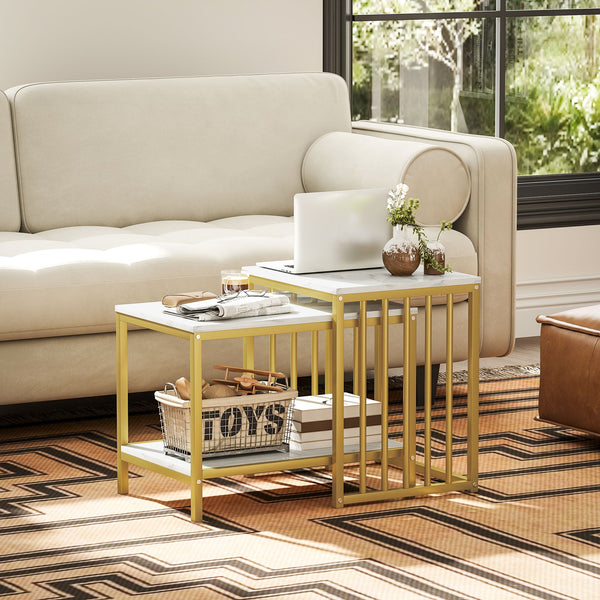 Modern Coffee Table Set of Two, Marble-Effect Nesting Side Tables with Steel Frame for Living Room, Gold Tone-1