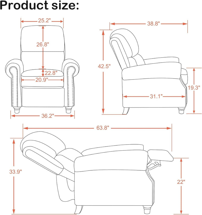 Pushback Recliner Chair, Chenille Upholstered Accent Chairs, Adjustable Reclining Sofa with Easy Lounge for Living Room Office 4865 (Brown)-2