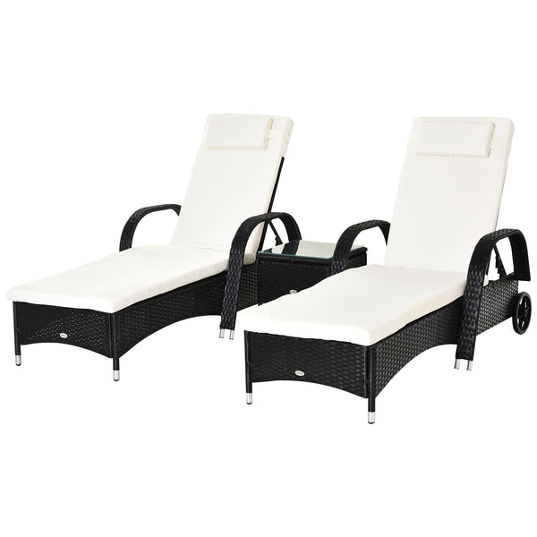 3 Pieces Patio Lounge Chair Set Garden Wicker Wheeling Recliner Outdoor Daybed, PE Rattan Lounge Chairs w/ Cushions & Side Coffee Table Black-0