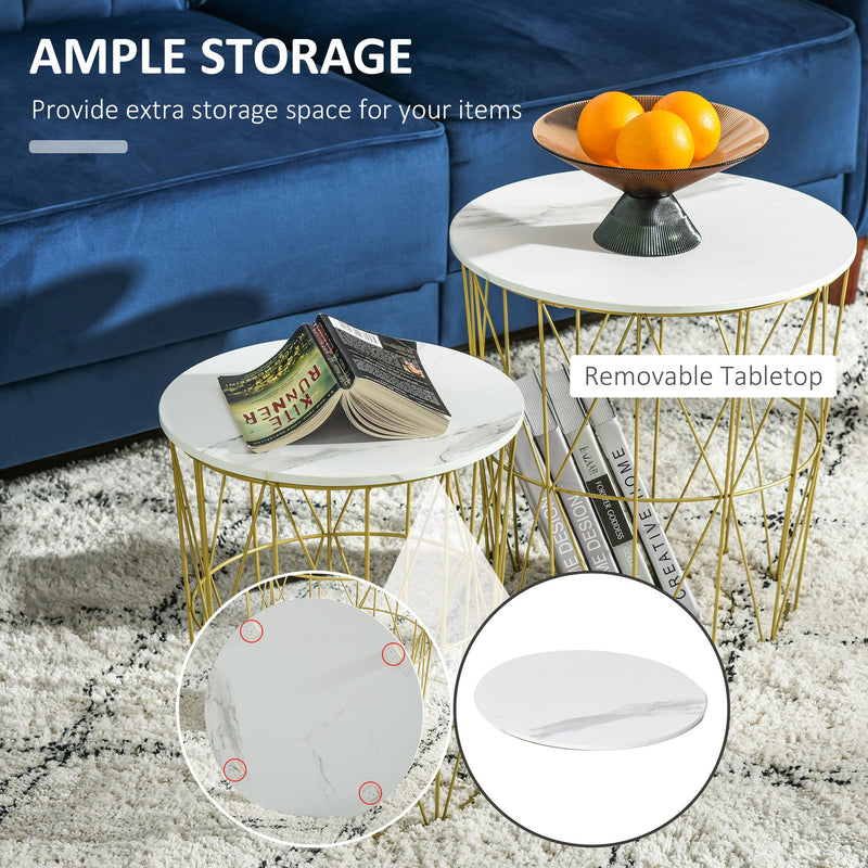 Set of 2 Nesting Side Tables with Storage, Round End Tables Coffee Tables with Steel Frame and Removable Round Top, White-3