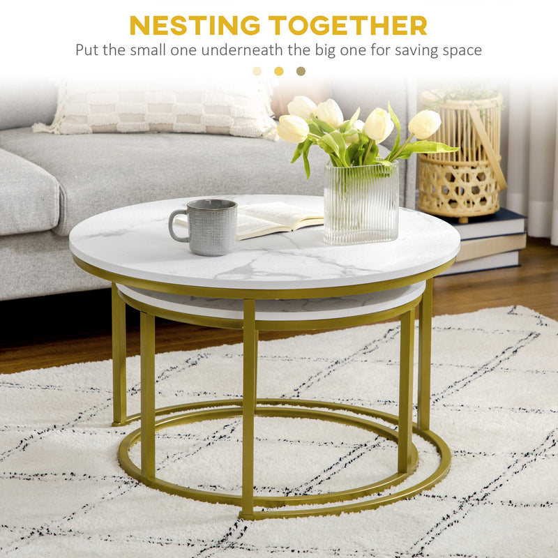 Coffee Table Set of 2, Round Nest of Tables with Faux Marble Tabletop and Metal Frame, Modern Side Tables for Living Room, White-3