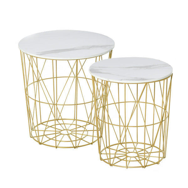 Set of 2 Nesting Side Tables with Storage, Round End Tables Coffee Tables with Steel Frame and Removable Round Top, White-0