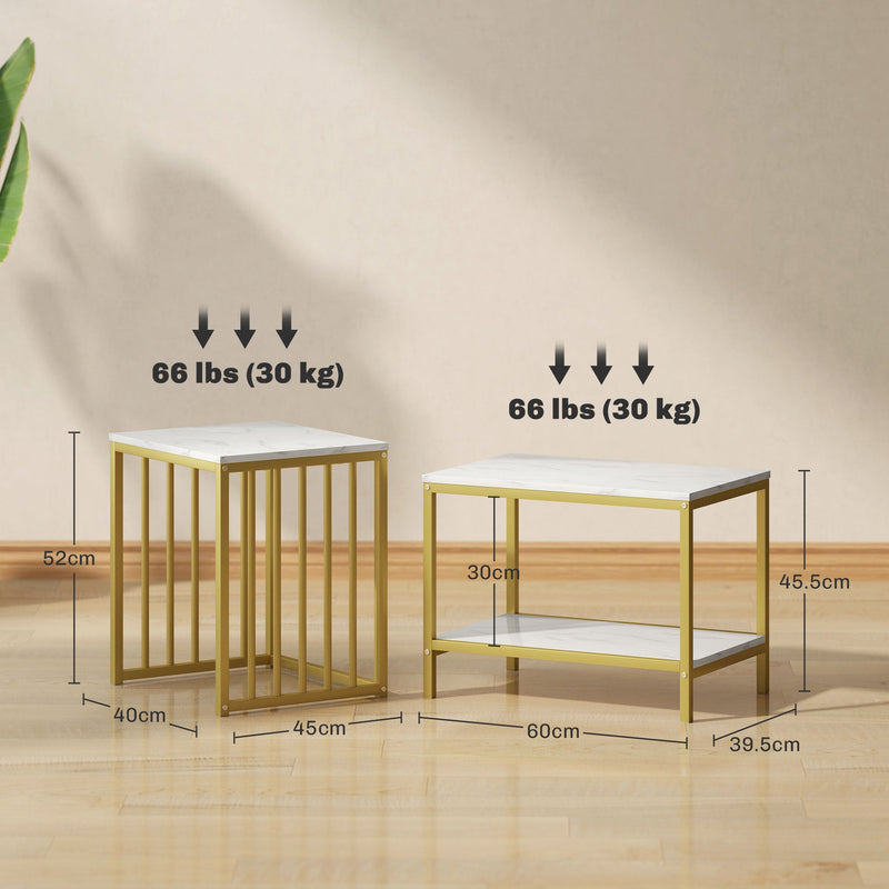 Modern Coffee Table Set of Two, Marble-Effect Nesting Side Tables with Steel Frame for Living Room, Gold Tone-2