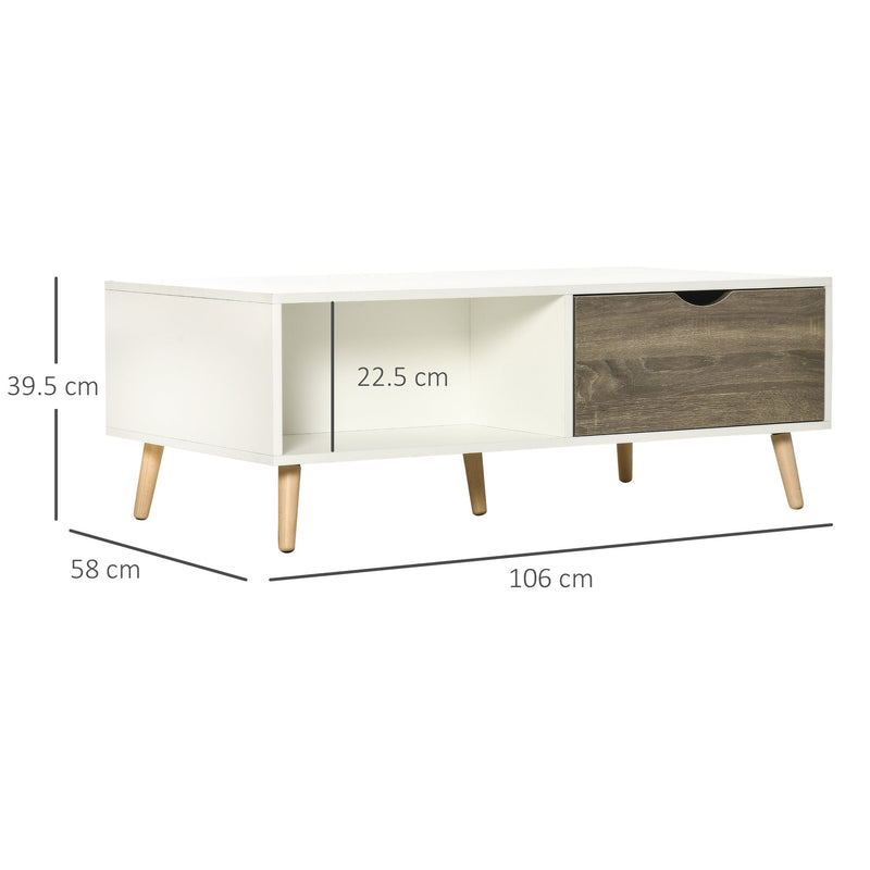 Coffee Table, Modern Tea Table with Open Storage Shelves, Two Drawers and Solid Wood Legs, Coffee Tables for Living Room, Bed Room, White-2