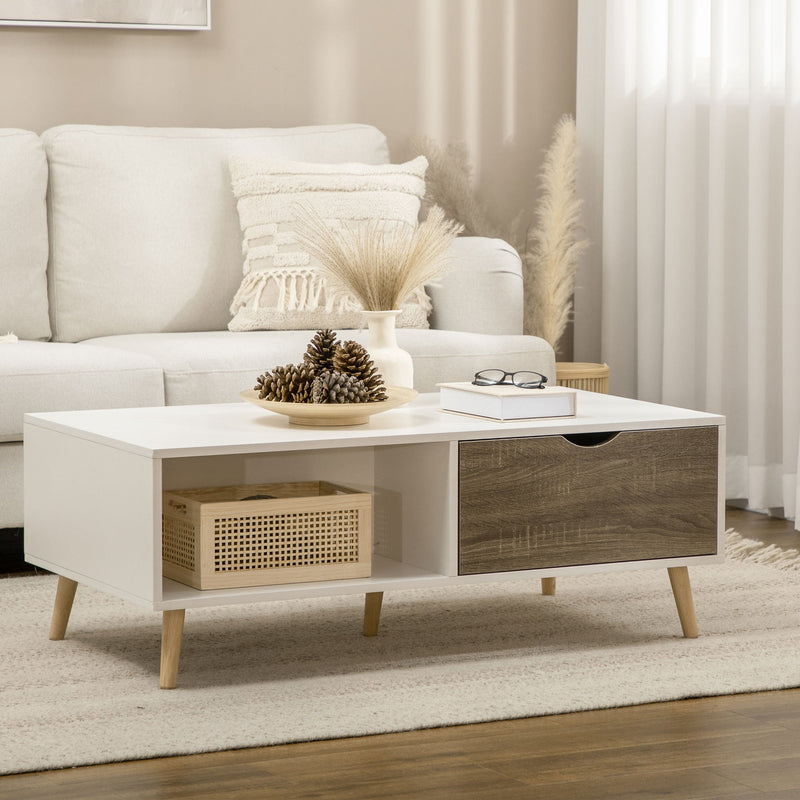 Coffee Table, Modern Tea Table with Open Storage Shelves, Two Drawers and Solid Wood Legs, Coffee Tables for Living Room, Bed Room, White-1