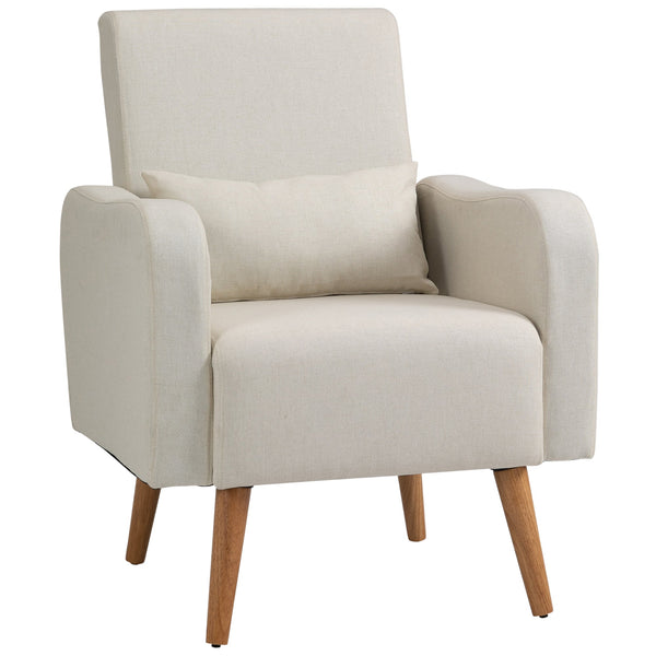 Accent Chair, Linen-Touch Armchair, Upholstered Leisure Lounge Sofa, Club Chair with Wooden Frame, Cream-0