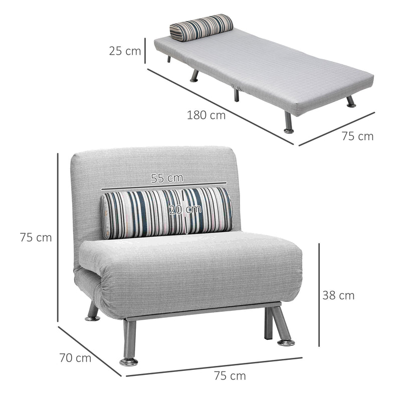 Single Sofa Bed, 1 Person Sleeper Foldable Lounge with Pillow, Grey-2