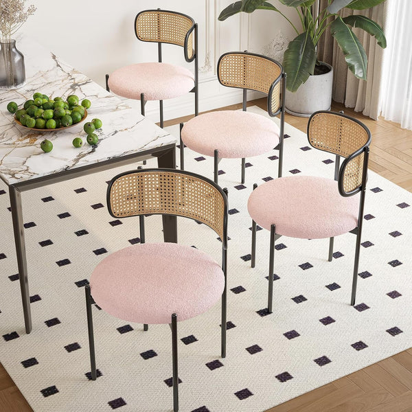 Kitchen Chairs Set of 4, Mid-Century Modern Dining Chairs,Kitchen Dining Room Chairs, Rattan Backrest round Upholstered Sherpa Dining Chairs,Pink-0