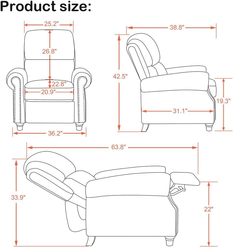 Pushback Recliner Chair, Chenille Upholstered Accent Chairs, Adjustable Reclining Sofa with Easy Lounge for Living Room Office 4865 (Beige)-2