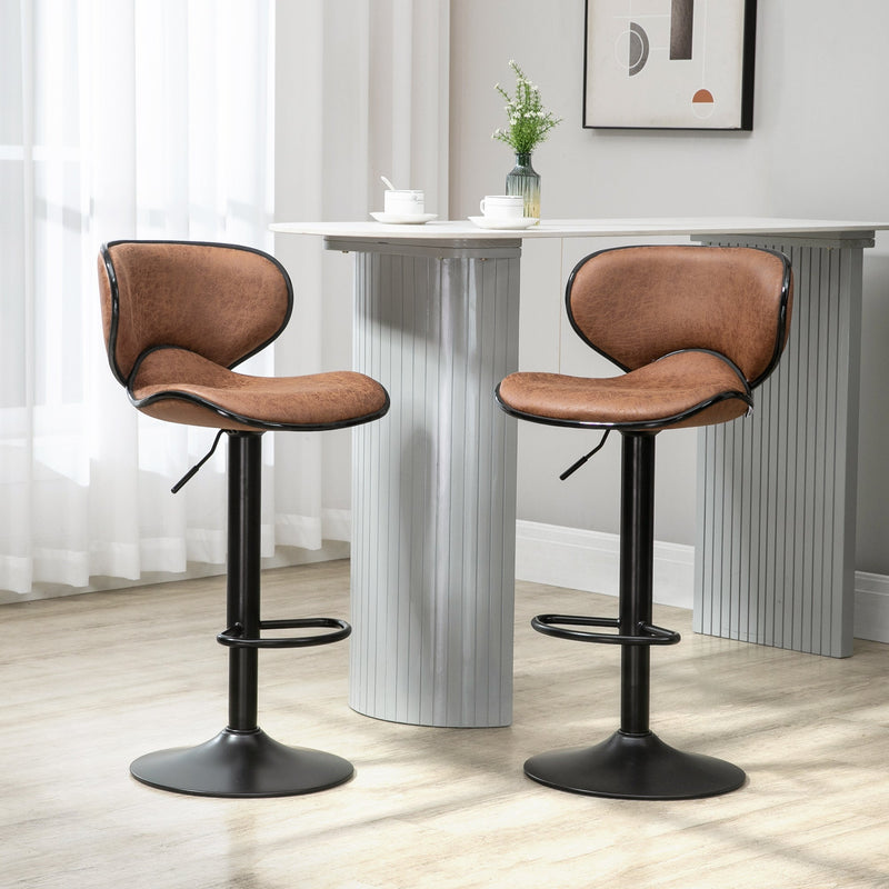 Bar Stool Set of 2 Microfiber Cloth Adjustable Height Armless Chairs with Swivel Seat, Brown-1