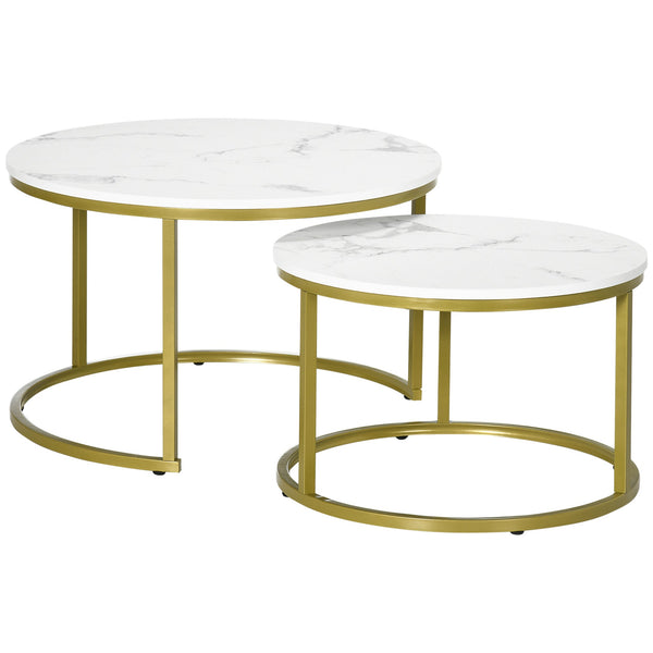 Coffee Table Set of 2, Round Nest of Tables with Faux Marble Tabletop and Metal Frame, Modern Side Tables for Living Room, White-0