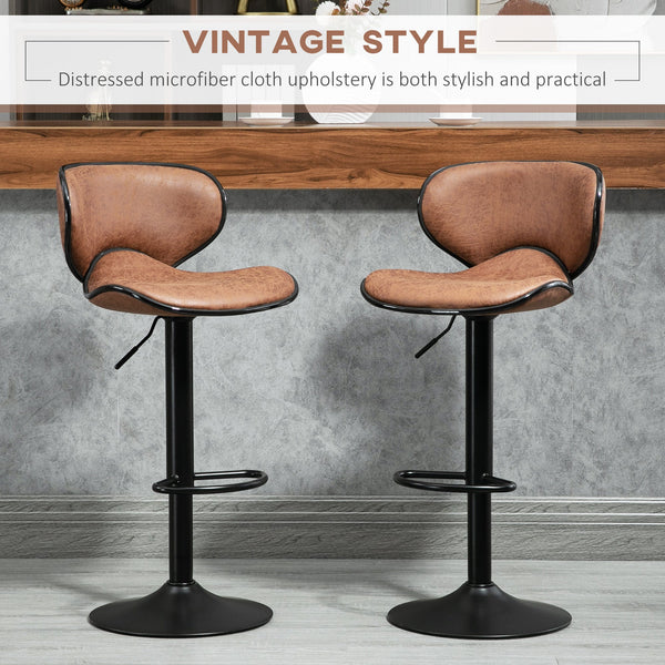 Bar Stool Set of 2 Microfiber Cloth Adjustable Height Armless Chairs with Swivel Seat, Brown-3