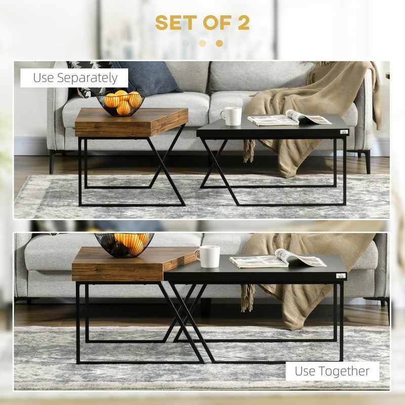 Coffee Table Set of 2, Geometric Coffee Table with Spacious Legroom, Steel Frame and Thick Tabletop, Industrial Coffee Tables-3